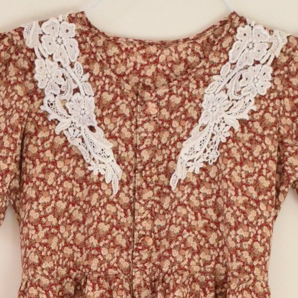 Vintage Red Floral Prairie Floral Lace Embellished Midi Dress | Size XS - Picture 3 of 9